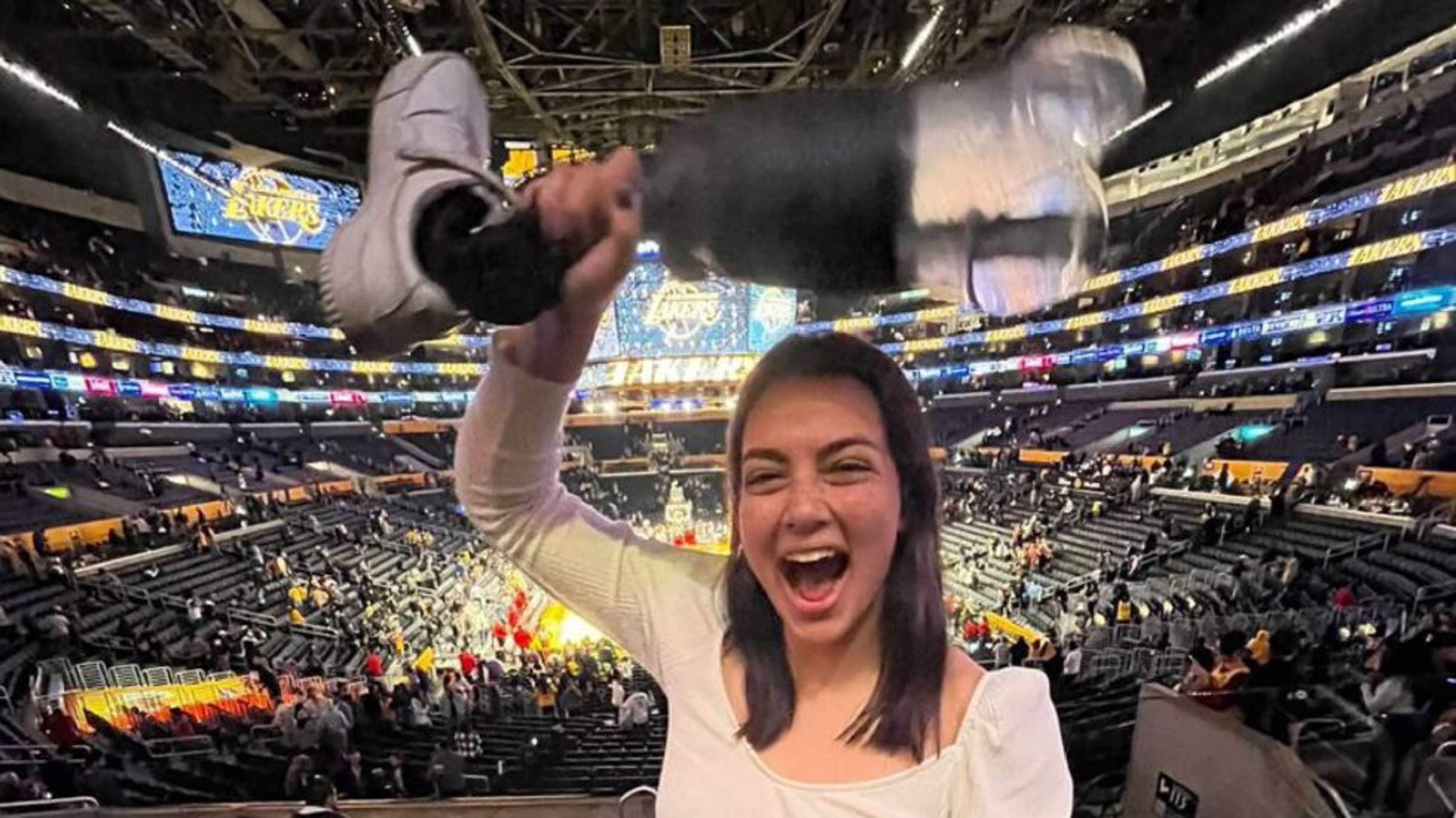 Marine veteran chugs beer from prosthetic leg on jumbotron