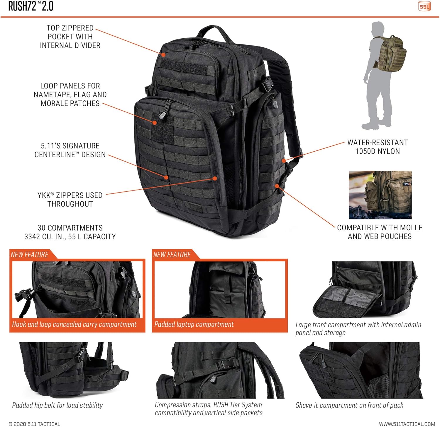 5.11 Tactical Backpack‚ Rush 72 2.0‚ Military Molle Pack, CCW with Multiple Compartments, 55 Liter, Large, Style