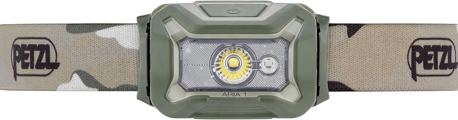 PETZL ARIA 1 RGB, Compact, Durable, Waterproof headlamp with White, red, Green and Blue Modes, 350 lumens, Camo