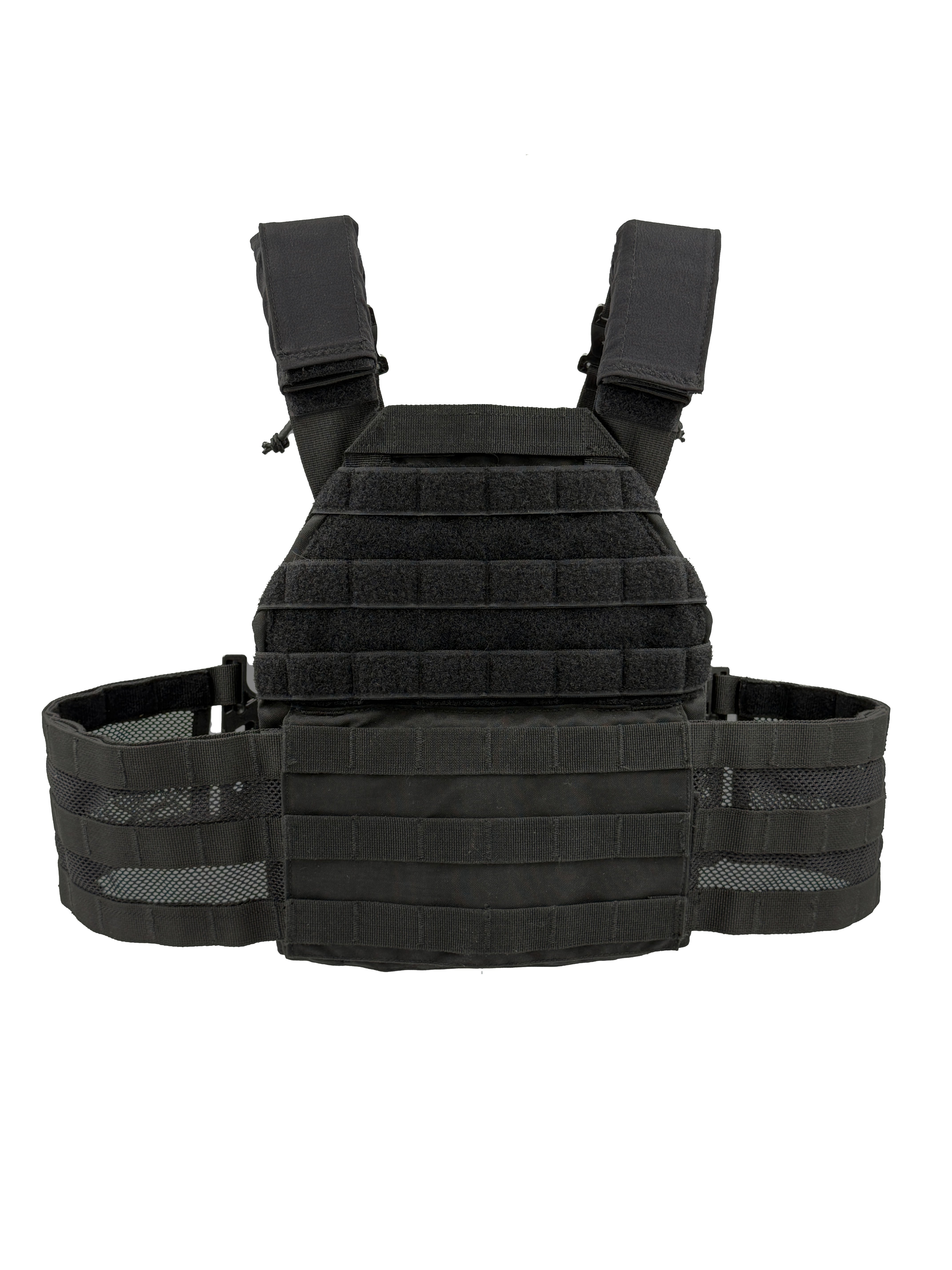 Tactical body armor plate carrier with MOLLE webbing and Aspetto KWIQ PC-2 clips